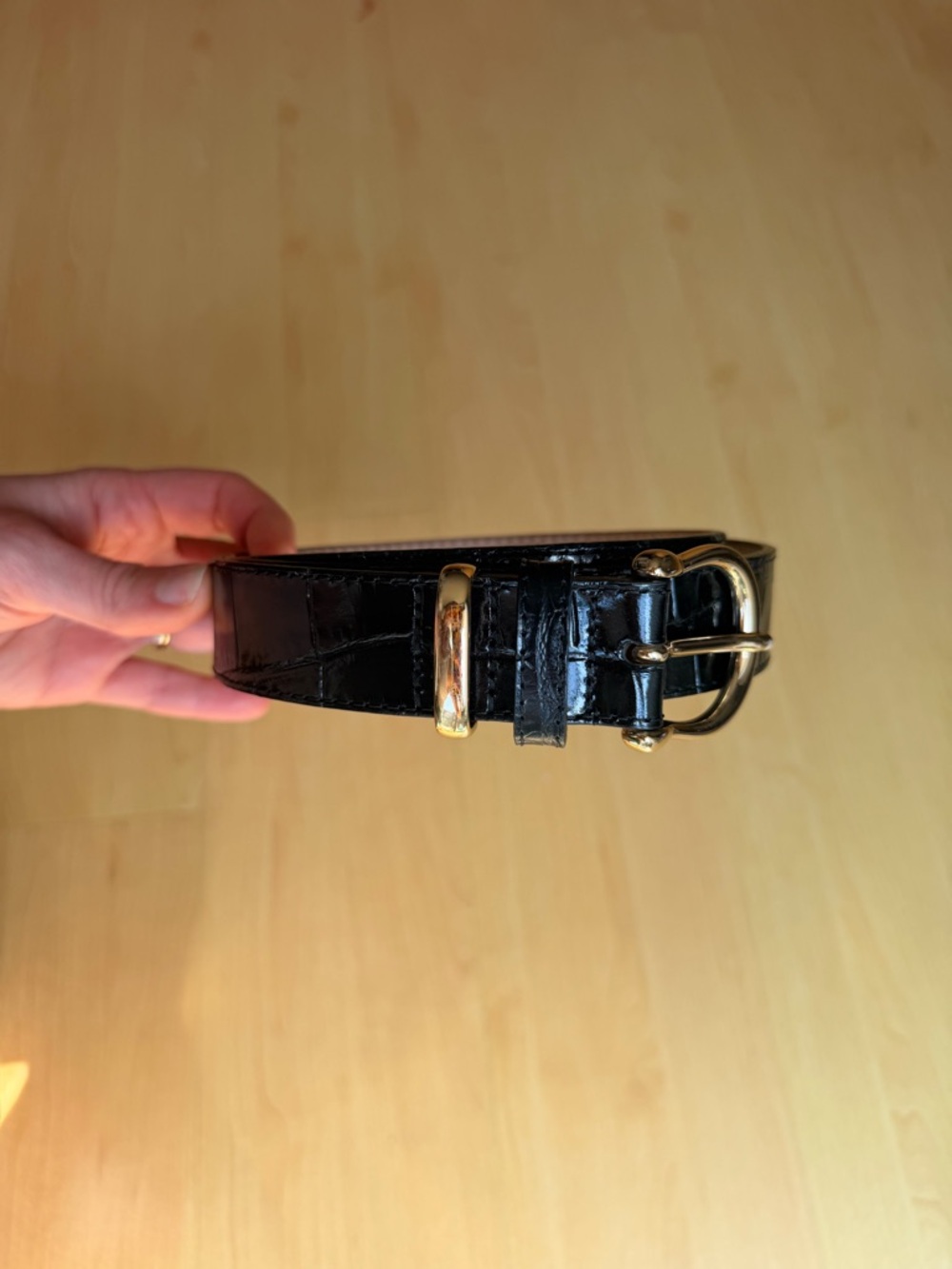 & Other Stories Black Patent Leather Belt with Gold Buckle